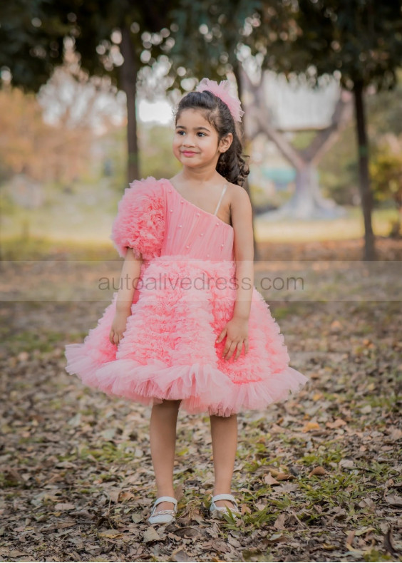 One Shoulder Peach Tulle Ruffles Pearls Beaded Flower Girl Dress